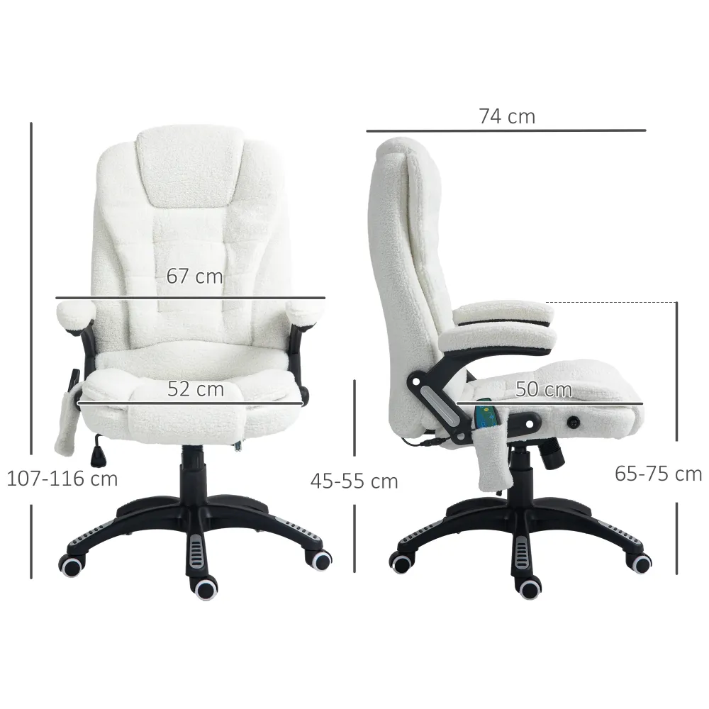 EasyComfort Sedia da Ufficio Massaggiante e Regolabile con Telecomando, Tessuto Teddy, 67x74x107-116 cm, Bianco