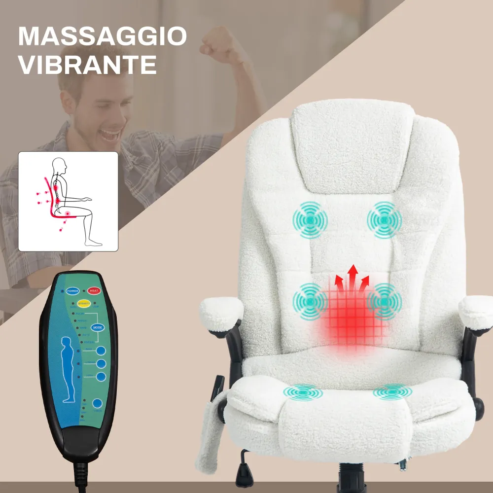 EasyComfort Sedia da Ufficio Massaggiante e Regolabile con Telecomando, Tessuto Teddy, 67x74x107-116 cm, Bianco