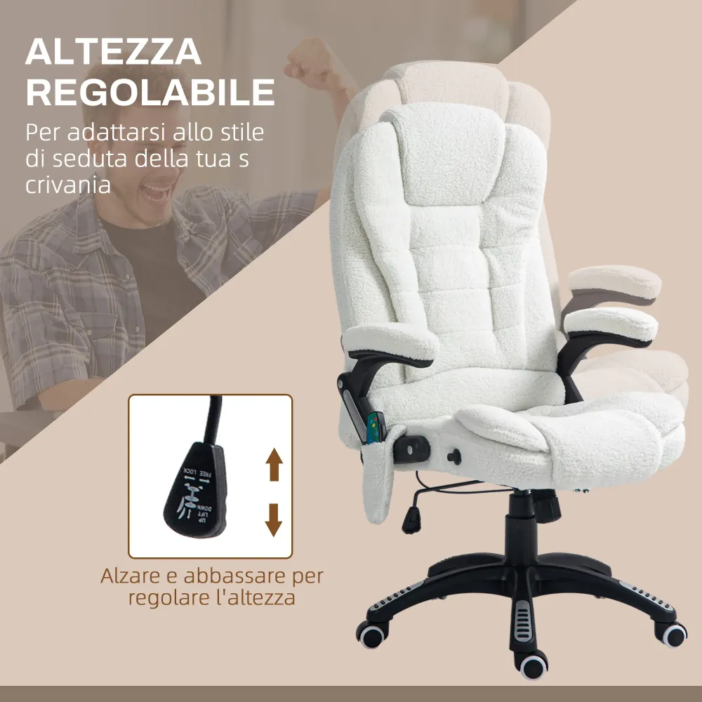 EasyComfort Sedia da Ufficio Massaggiante e Regolabile con Telecomando, Tessuto Teddy, 67x74x107-116 cm, Bianco