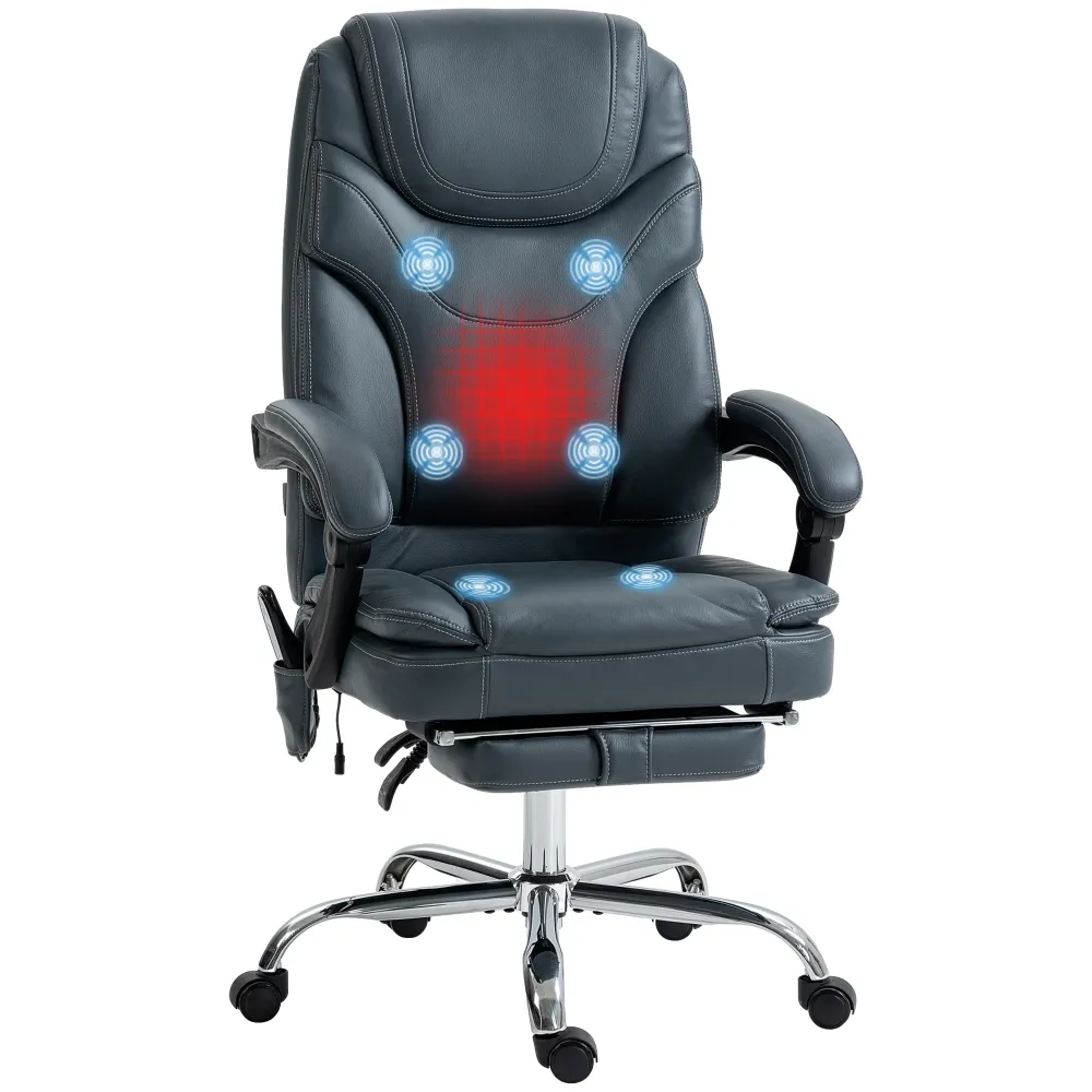 EasyComfort Sedia da Ufficio Massaggiante e Riscaldante con Poggiapiedi, Pelle PU e Acciaio, 67x67x113-121 cm, Grigio