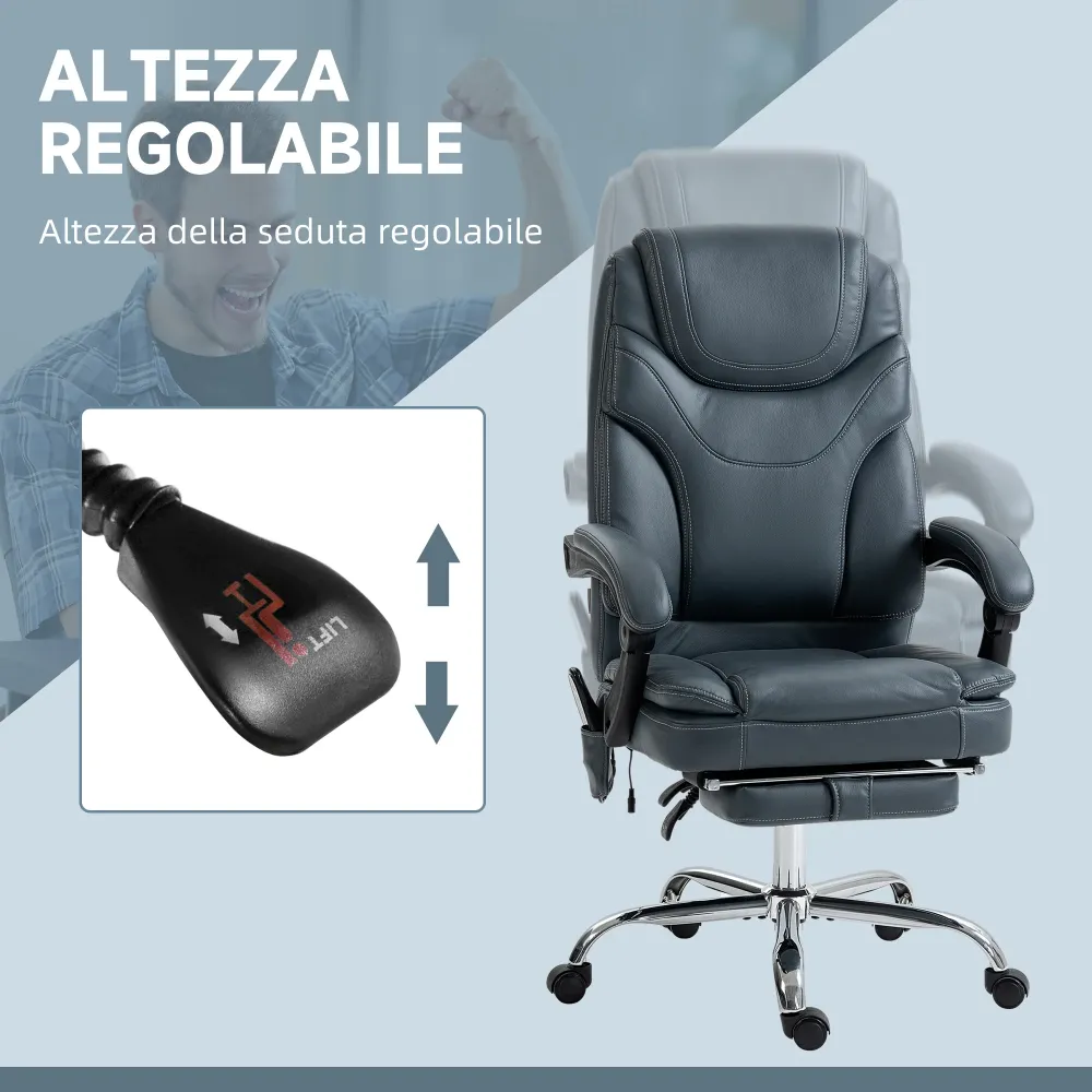 EasyComfort Sedia da Ufficio Massaggiante e Riscaldante con Poggiapiedi, Pelle PU e Acciaio, 67x67x113-121 cm, Grigio