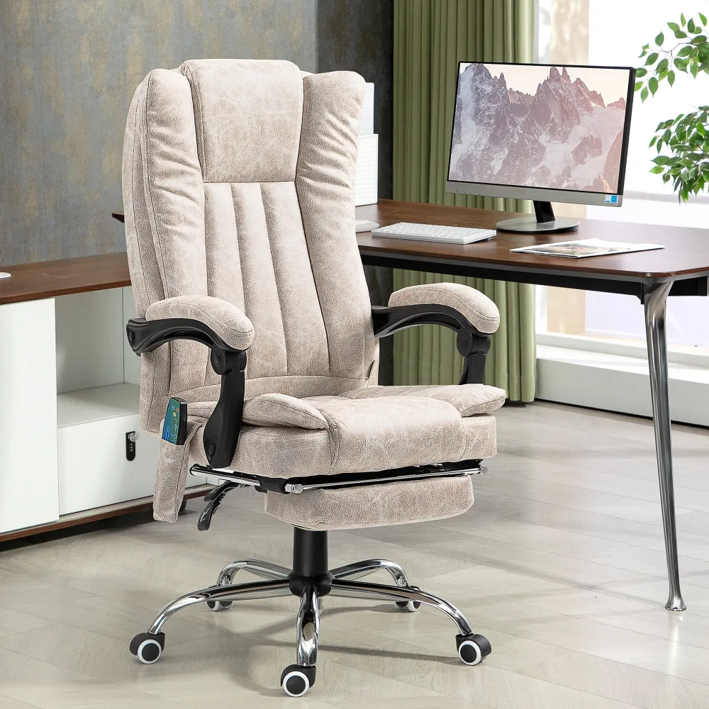 EasyComfort Sedia da Ufficio Massaggiante e Riscaldante con Poggiapiedi, Microfibra, 62x70x113-120 cm, Crema