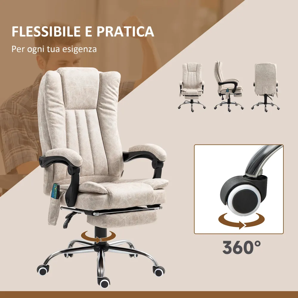 EasyComfort Sedia da Ufficio Massaggiante e Riscaldante con Poggiapiedi, Microfibra, 62x70x113-120 cm, Crema