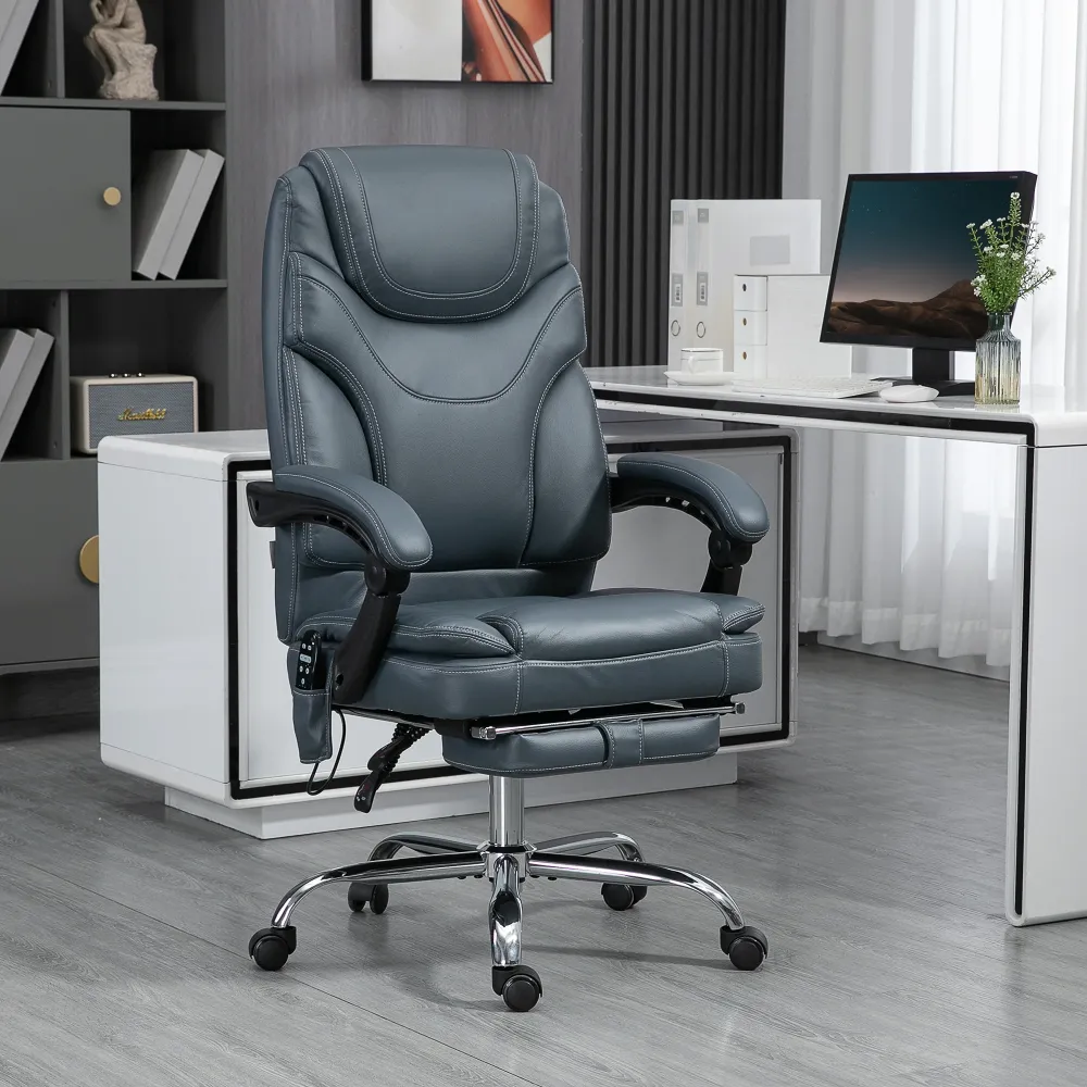 EasyComfort Sedia da Ufficio Massaggiante e Riscaldante con Poggiapiedi, Pelle PU e Acciaio, 67x67x113-121 cm, Grigio