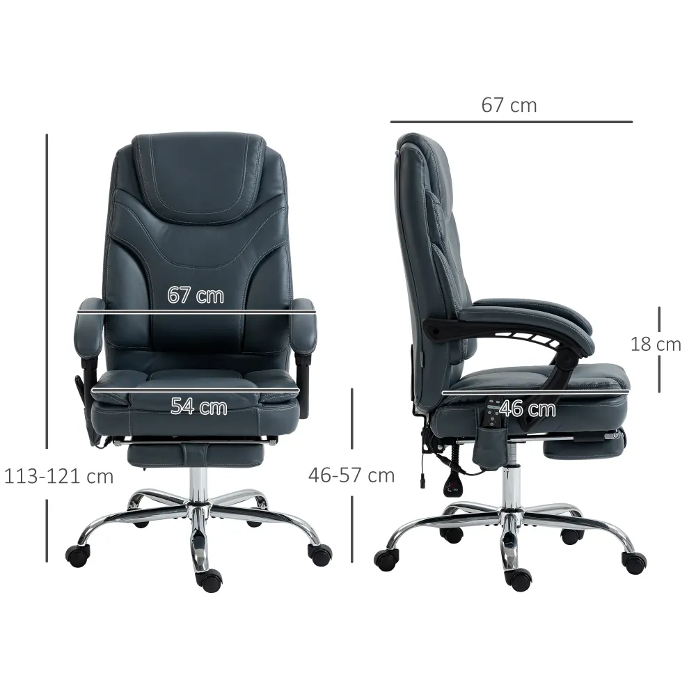 EasyComfort Sedia da Ufficio Massaggiante e Riscaldante con Poggiapiedi, Pelle PU e Acciaio, 67x67x113-121 cm, Grigio