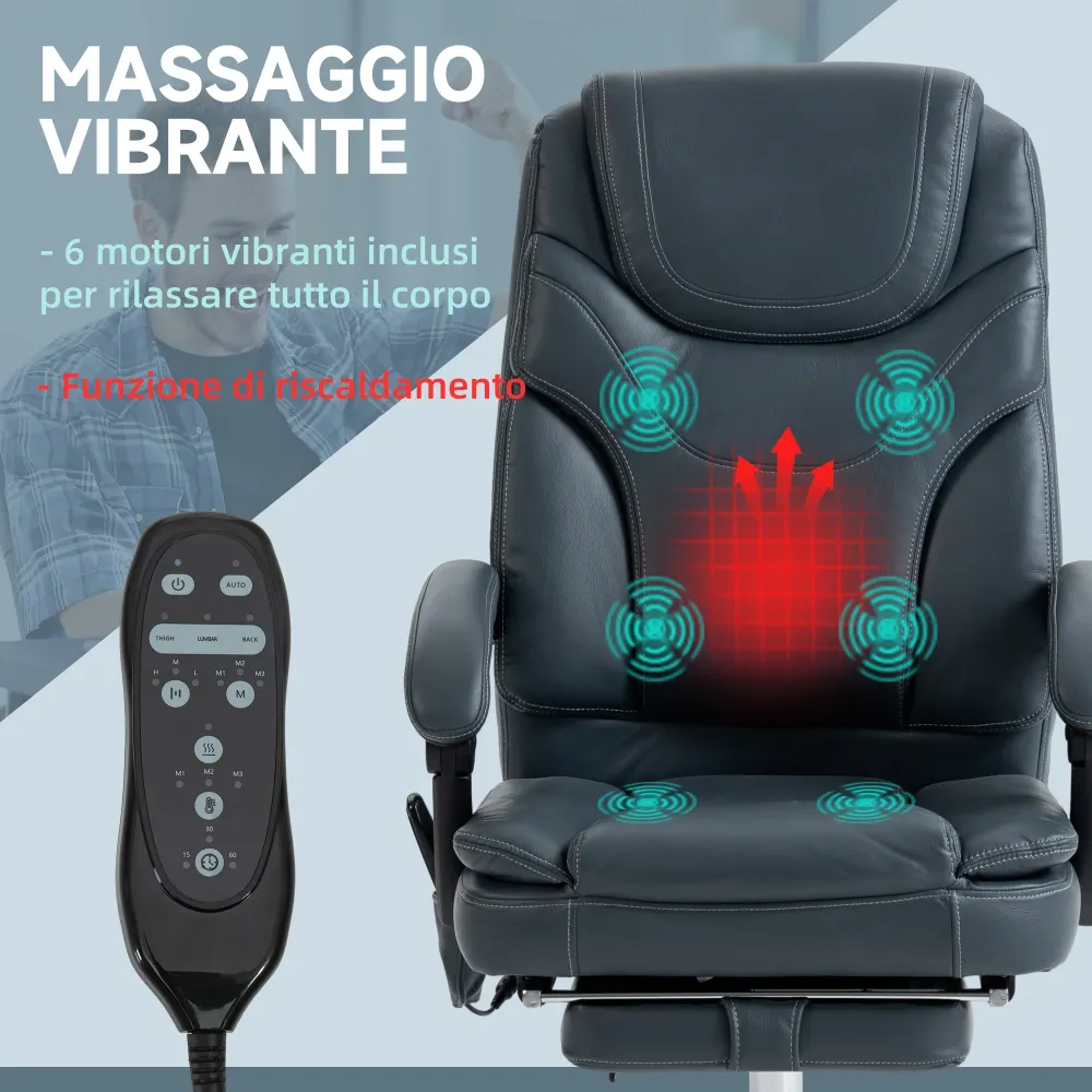 EasyComfort Sedia da Ufficio Massaggiante e Riscaldante con Poggiapiedi, Pelle PU e Acciaio, 67x67x113-121 cm, Grigio