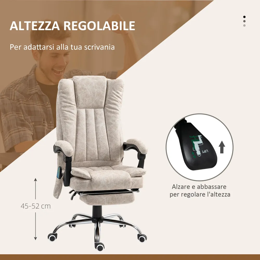 EasyComfort Sedia da Ufficio Massaggiante e Riscaldante con Poggiapiedi, Microfibra, 62x70x113-120 cm, Crema