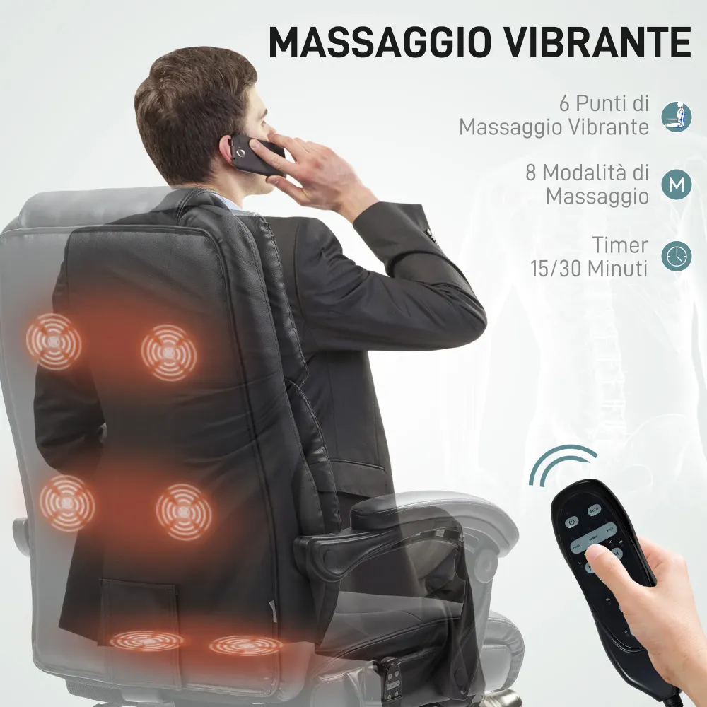 EasyComfort Sedia da Ufficio Massaggiante e Riscaldata con Schienale Reclinabile e Poggiapiedi Pelle PU, Nero