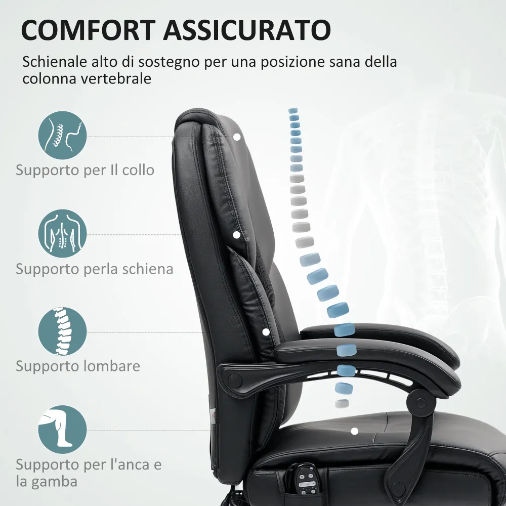 EasyComfort Sedia da Ufficio Massaggiante e Riscaldata con Schienale Reclinabile e Poggiapiedi Pelle PU, Nero