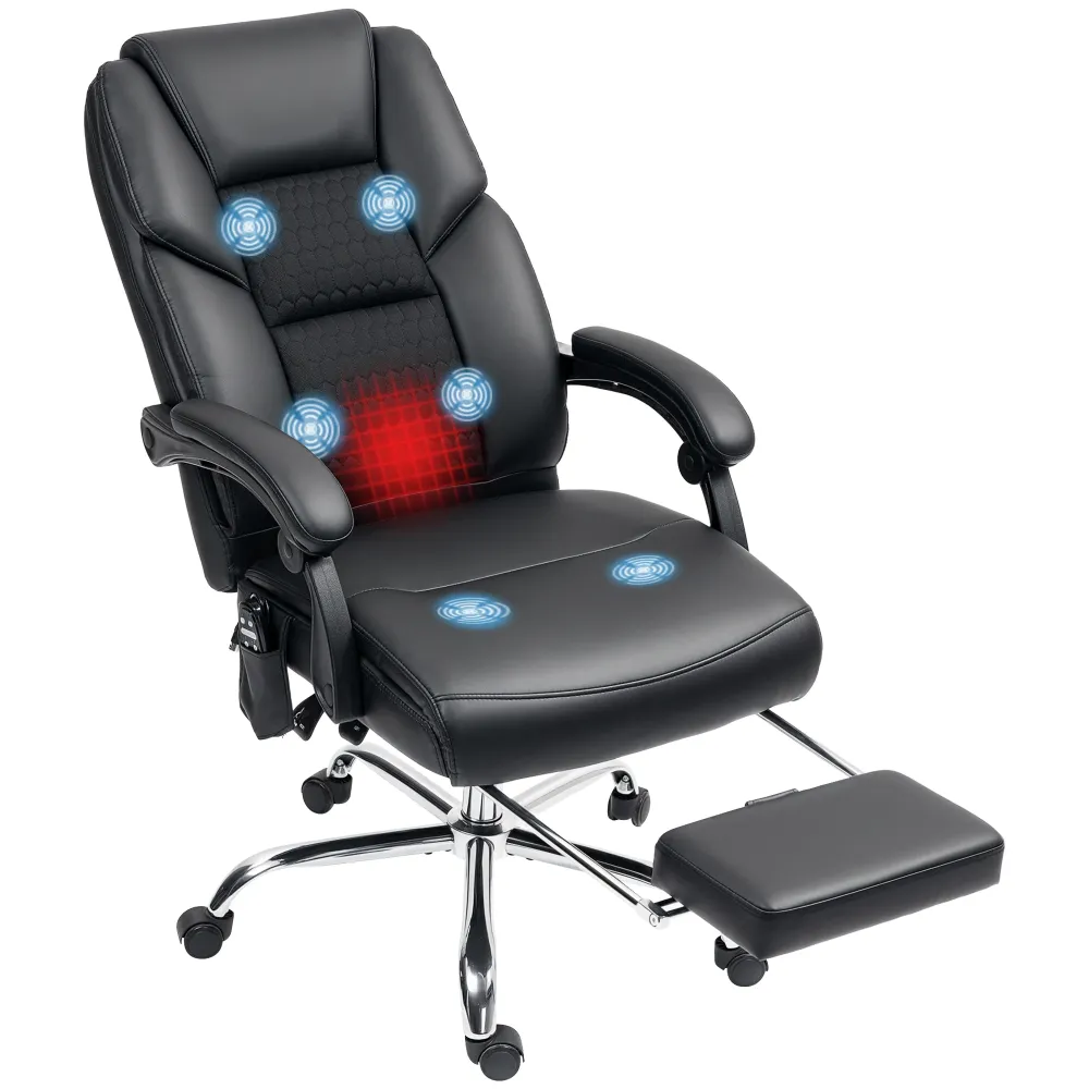 EasyComfort Sedia da Ufficio Massaggiante e Riscaldata con Schienale Reclinabile e Poggiapiedi Pelle PU, Nero