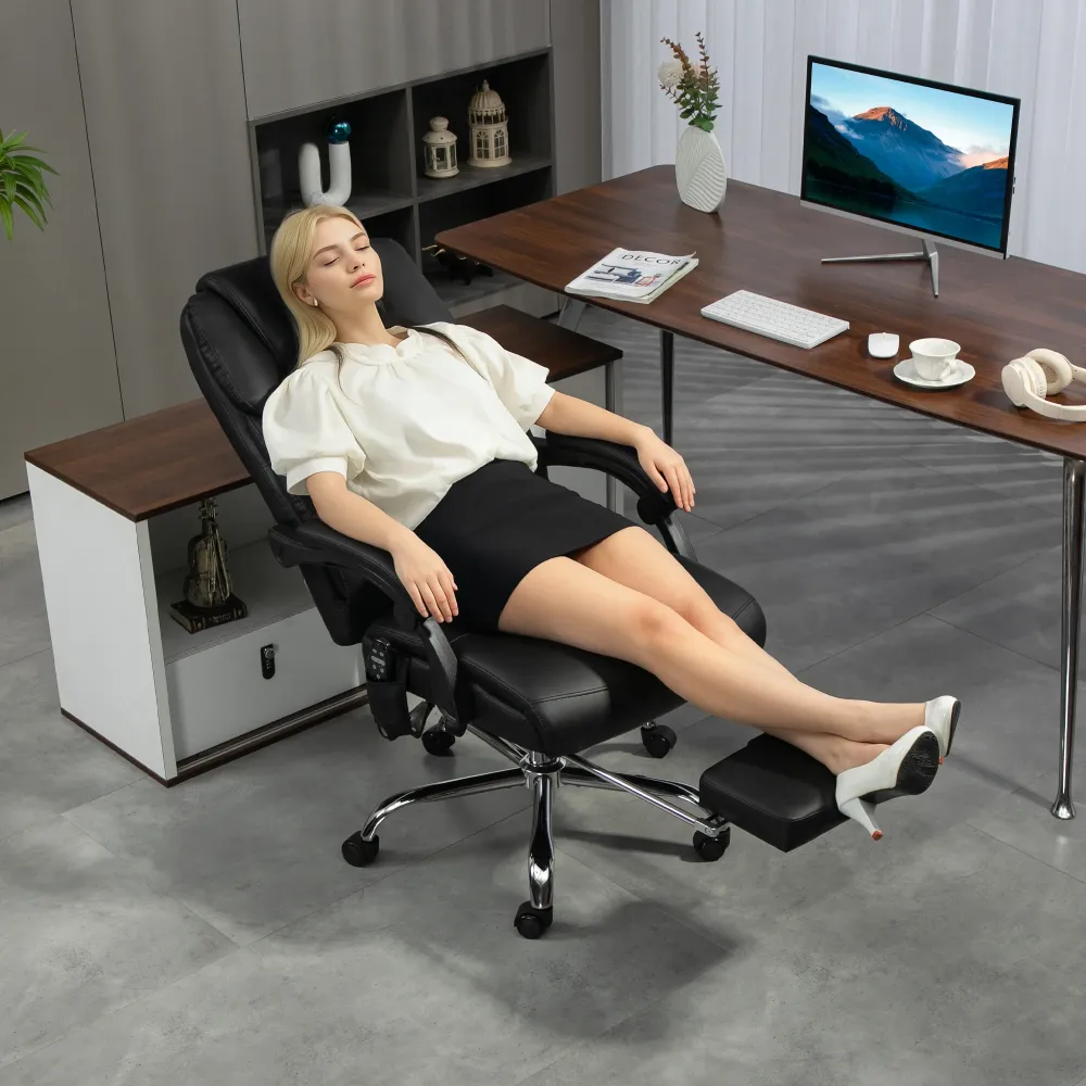 EasyComfort Sedia da Ufficio Massaggiante e Riscaldata con Schienale Reclinabile e Poggiapiedi Pelle PU, Nero