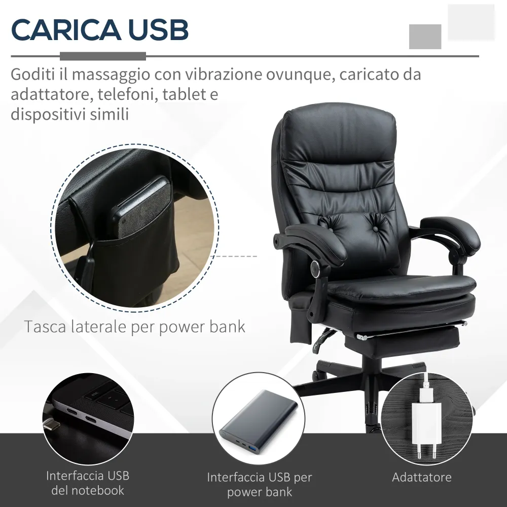EASYCOMFORT Sedia da Ufficio Massaggiante Similpelle con Presa USB, 64x69x107-115cm, Nero