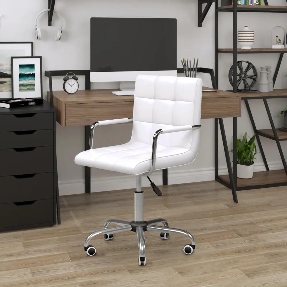 Easycomfort Sedia da Ufficio pelle PU Bianca con 5 Ruote Girevoli, Imbottitura e Altezza Regolabile, 52.5x54x84-99cm