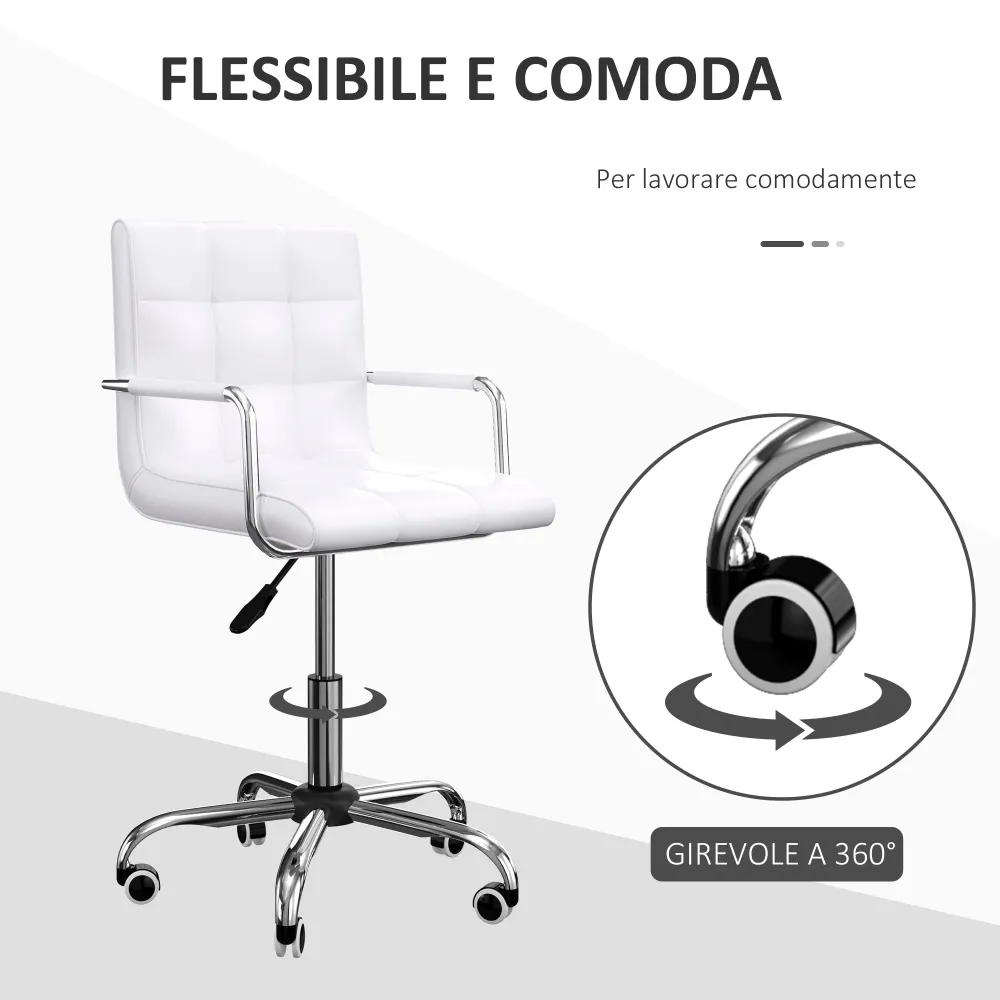 Easycomfort Sedia da Ufficio pelle PU Bianca con 5 Ruote Girevoli, Imbottitura e Altezza Regolabile, 52.5x54x84-99cm