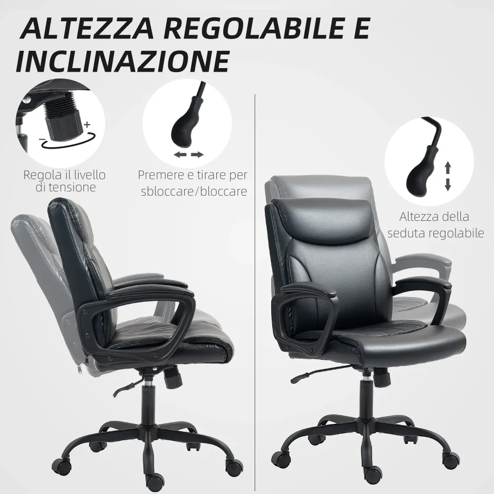EasyComfort Sedia da Ufficio Reclinabile ad Altezza Regolabile Finta Pelle e Acciaio, 60x68x95.5-105 cm, Nero