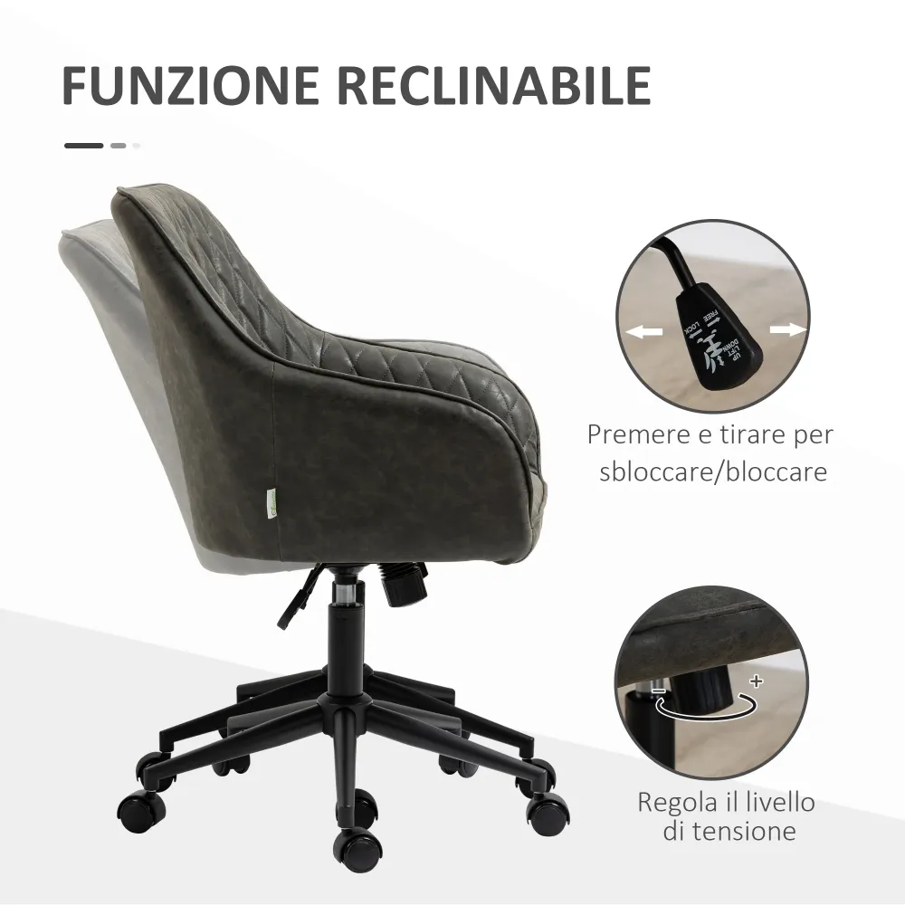 EASYCOMFORT Sedia da Ufficio Reclinabile con Altezza Regolabile, Pelle PU, Gommapiuma e Acciaio, 59x60x90-100 cm, Grigia