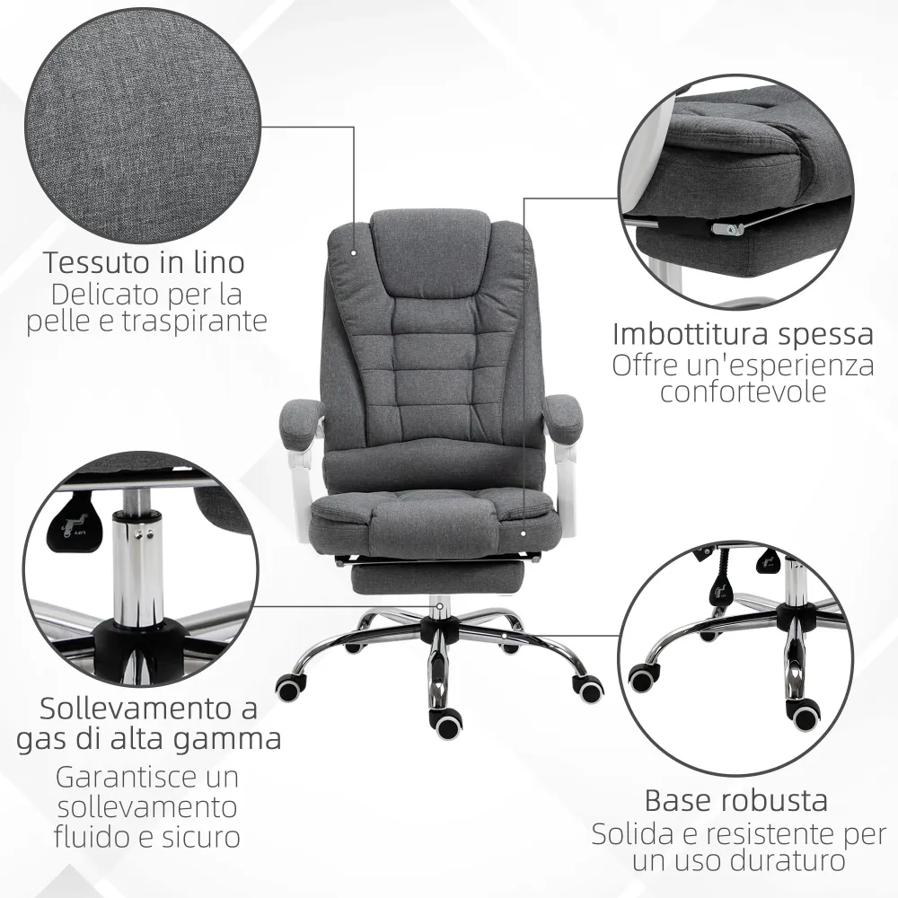 EasyComfort Sedia da Ufficio Reclinabile con Poggiapiedi Retrattile e Schienale Alto Tessuto, Grigio