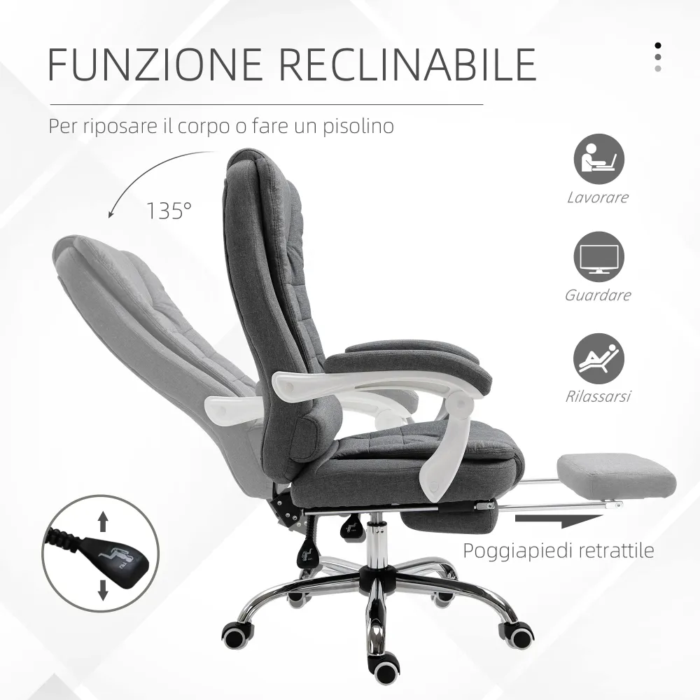 EasyComfort Sedia da Ufficio Reclinabile con Poggiapiedi Retrattile e Schienale Alto Tessuto, Grigio