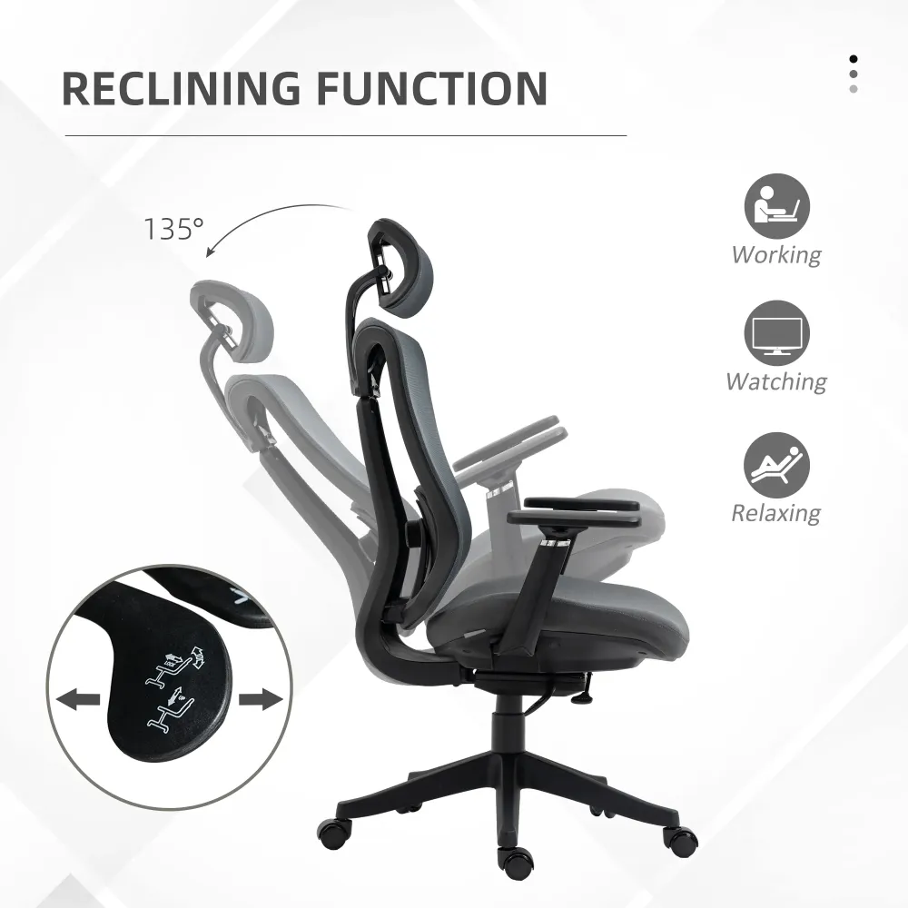 Easycomfort Sedia da Ufficio Reclinabile con Poggiatesta, Supporto Lombare e Altezza Regolabili, Grigio