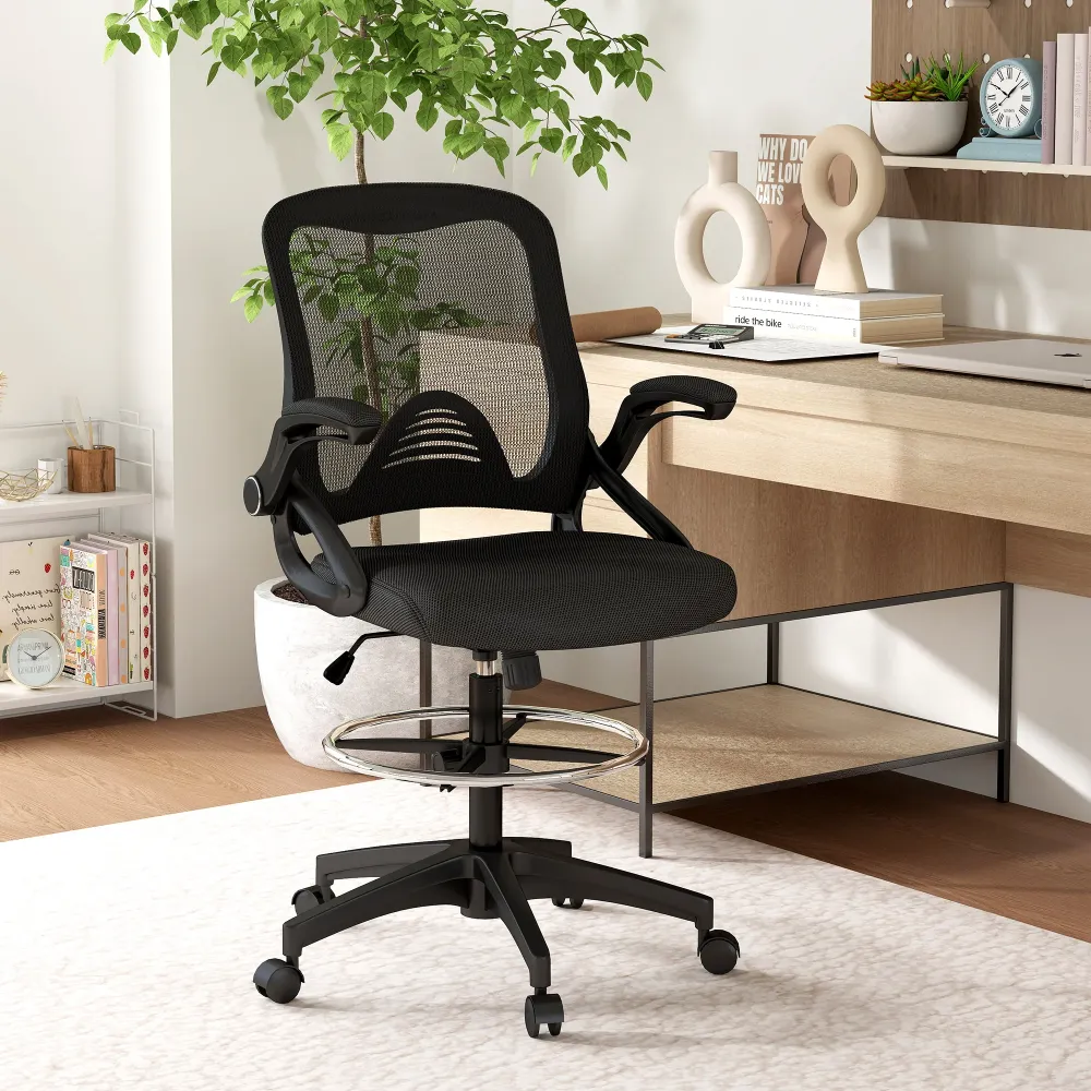 EasyComfort Sedia da Ufficio Traspirante ad Altezza Regolabile con Braccioli Ribaltabili, 64x60x106-126 cm, Nera