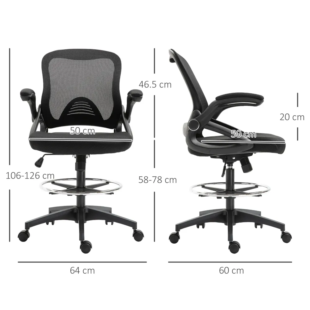 EasyComfort Sedia da Ufficio Traspirante ad Altezza Regolabile con Braccioli Ribaltabili, 64x60x106-126 cm, Nera