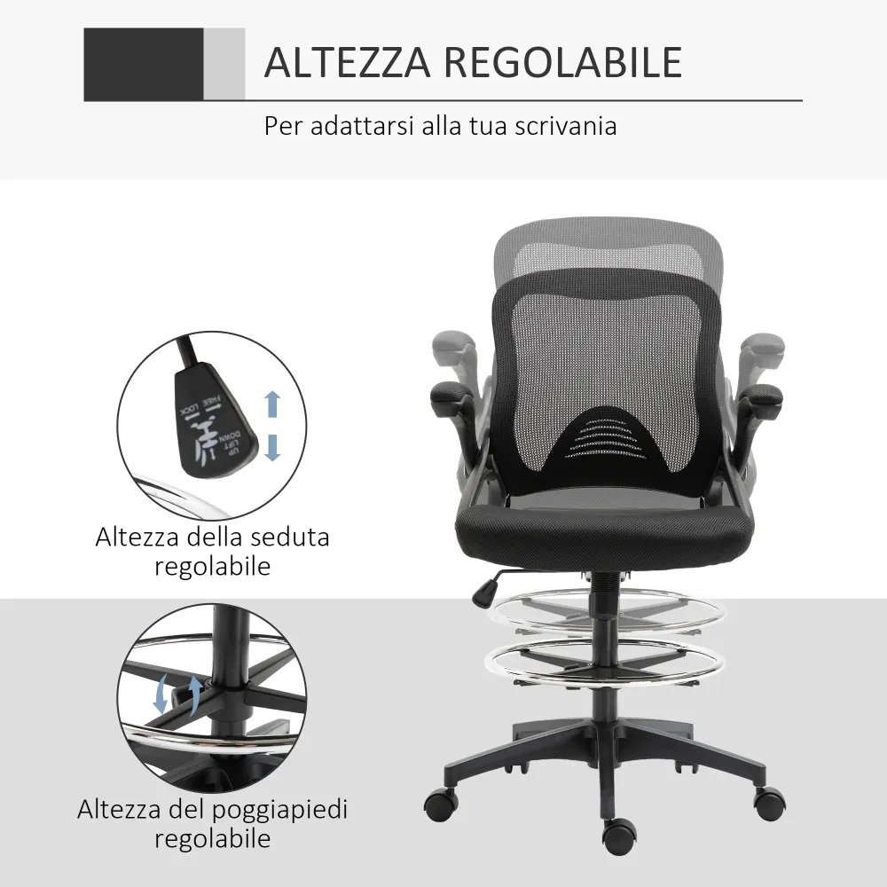 EasyComfort Sedia da Ufficio Traspirante ad Altezza Regolabile con Braccioli Ribaltabili, 64x60x106-126 cm, Nera