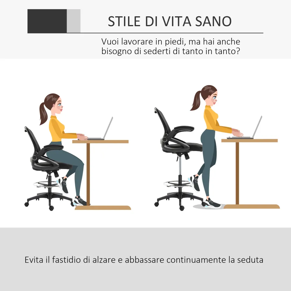 EasyComfort Sedia da Ufficio Traspirante ad Altezza Regolabile con Braccioli Ribaltabili, 64x60x106-126 cm, Nera