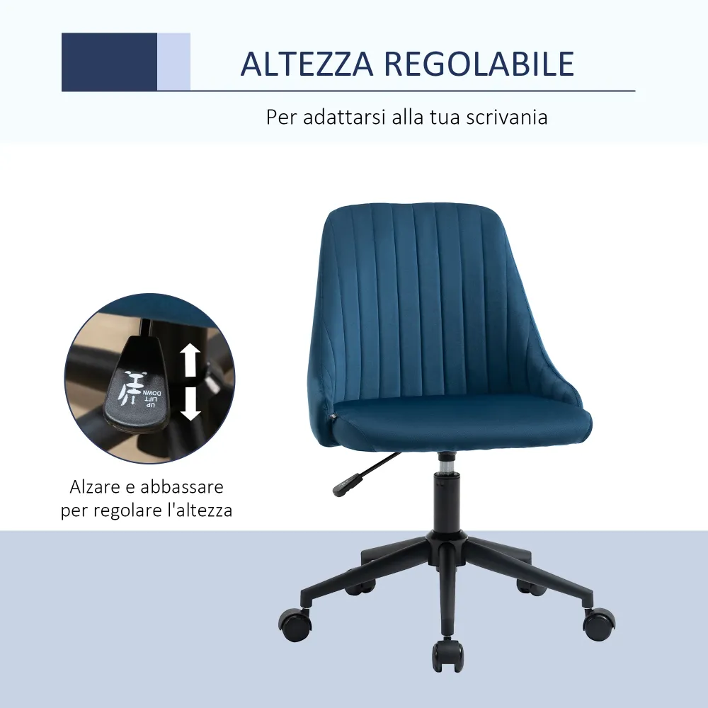 Easycomfort Sedia da Ufficio Velluto Blu con Altezza Regolabile, Sedia Ergonomica Girevole 360° e Ruote, 50x58x77-87cm