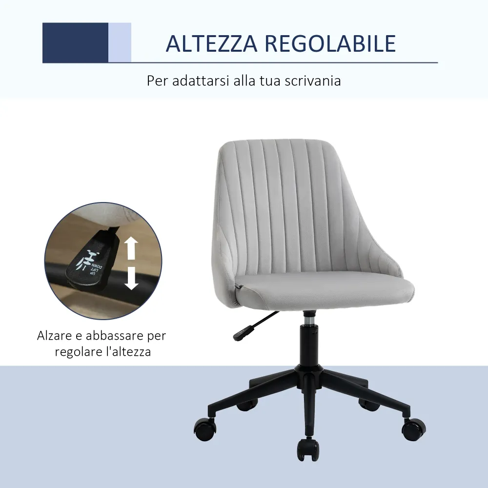 Easycomfort Sedia da Ufficio Velluto Grigio con Altezza Regolabile, Sedia Ergonomica Girevole 360° e Ruote, 50x58x77-87cm