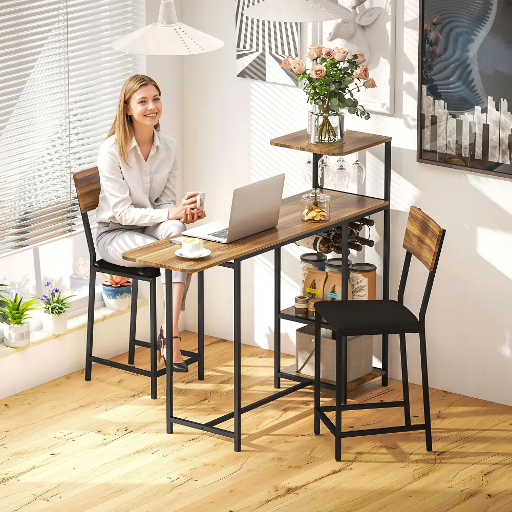 EasyComfort Set Bancone Bar Pieghevole e 2 Sgabelli Alti con Schienale, Portavini e Portacalici, Marrone