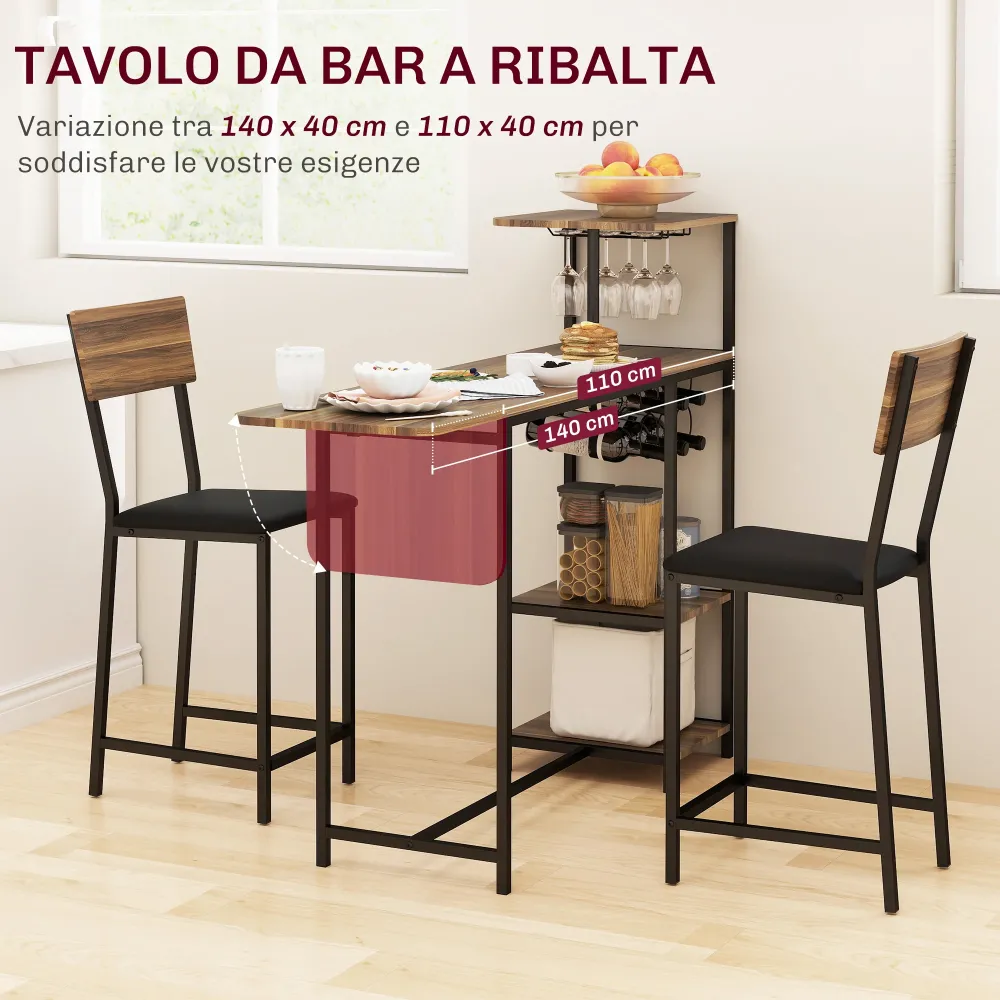 EasyComfort Set Bancone Bar Pieghevole e 2 Sgabelli Alti con Schienale, Portavini e Portacalici, Marrone