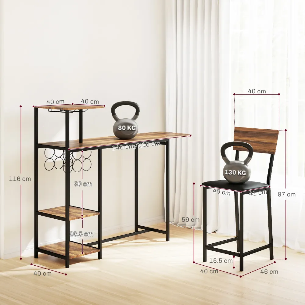 EasyComfort Set Bancone Bar Pieghevole e 2 Sgabelli Alti con Schienale, Portavini e Portacalici, Marrone