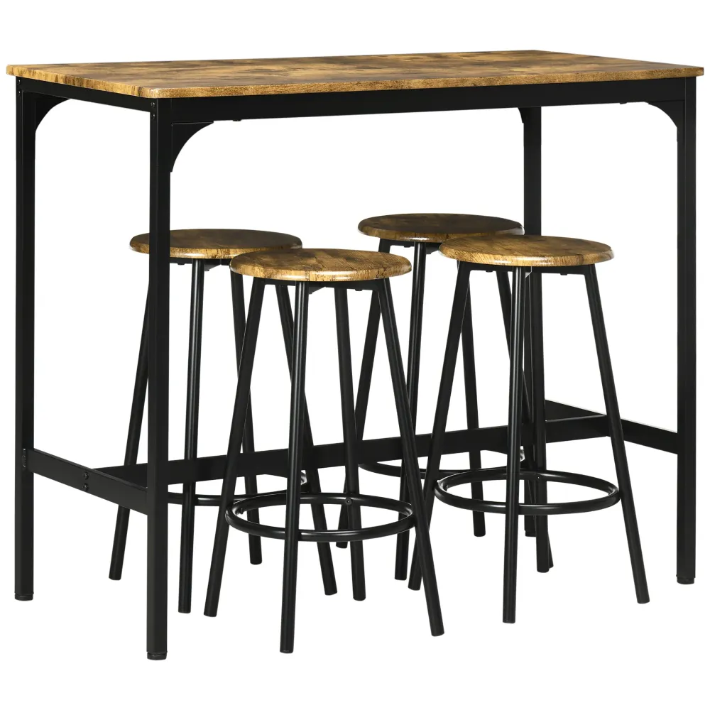 Easycomfort Set da Bar 5 pezzi con Tavolo alto e 4 Sgabelli Stile Industriale, Marrone e Nero