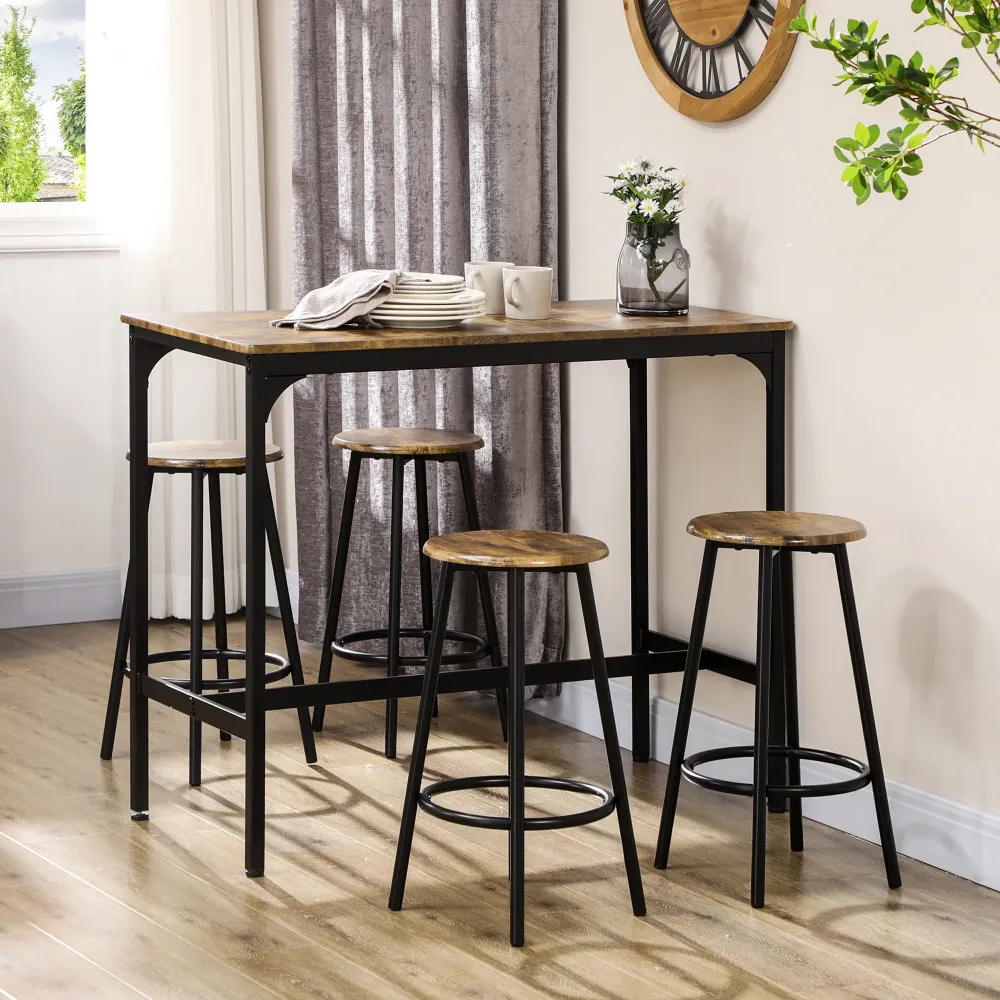 Easycomfort Set da Bar 5 pezzi con Tavolo alto e 4 Sgabelli Stile Industriale, Marrone e Nero