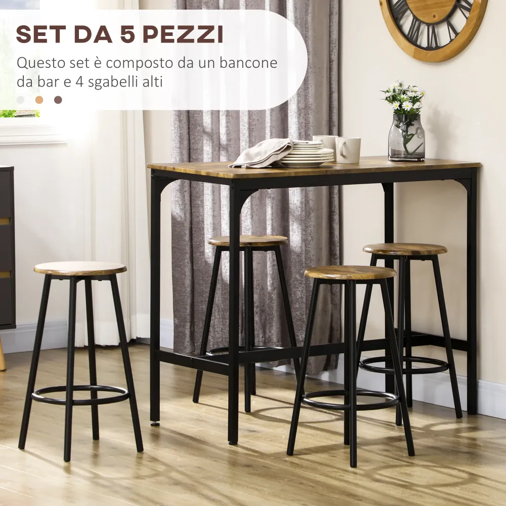 Easycomfort Set da Bar 5 pezzi con Tavolo alto e 4 Sgabelli Stile Industriale, Marrone e Nero