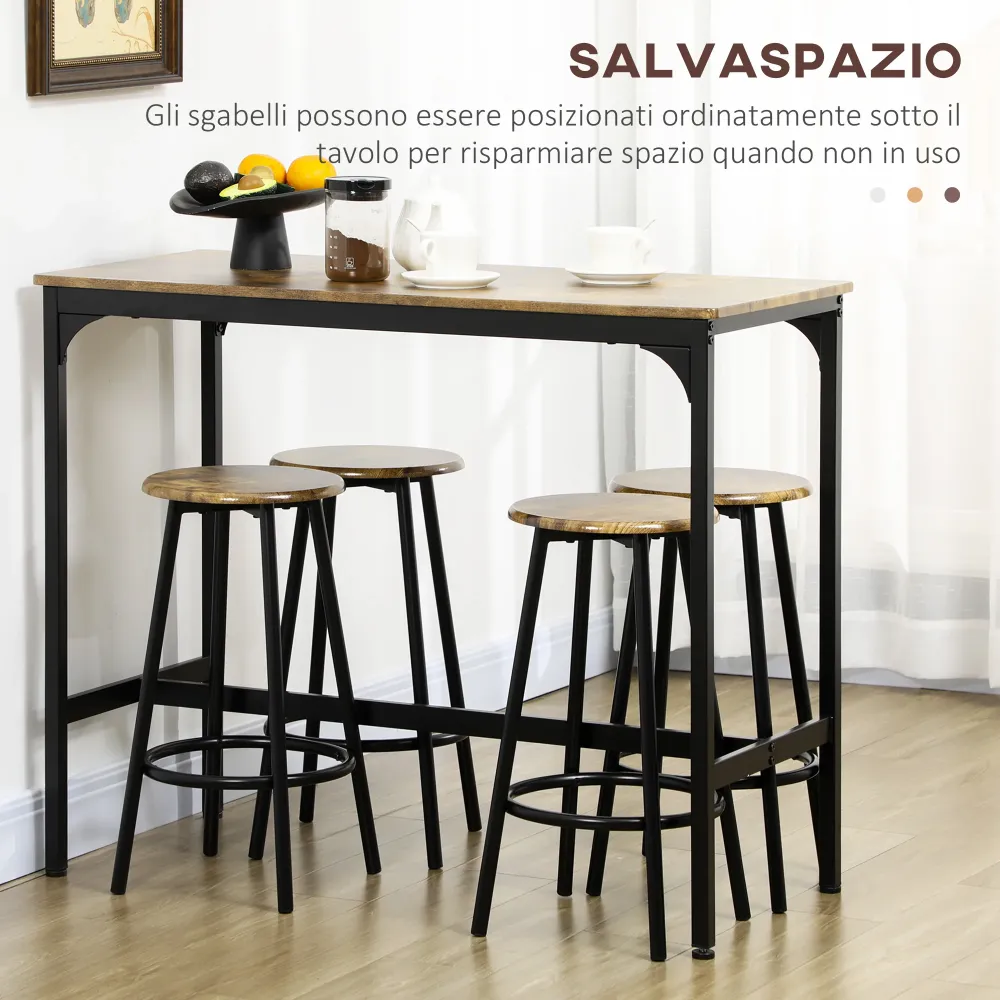 Easycomfort Set da Bar 5 pezzi con Tavolo alto e 4 Sgabelli Stile Industriale, Marrone e Nero