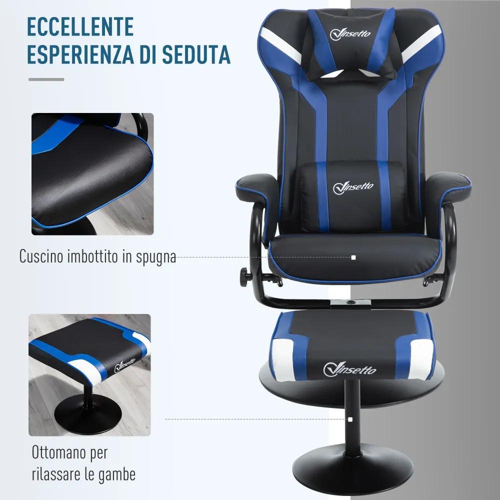 Easycomfort Set 2 Pezzi Poltrona Gaming Reclinabile Inclinabile 130° con Sgabello Poggiapiedi, Nero e Blu Scuro