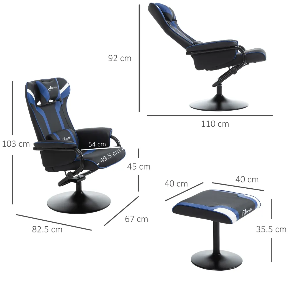 EASYCOMFORT Set 2 Pezzi Poltrona Gaming Reclinabile Inclinabile 130° con Sgabello Poggiapiedi, Nero e Blu Scuro