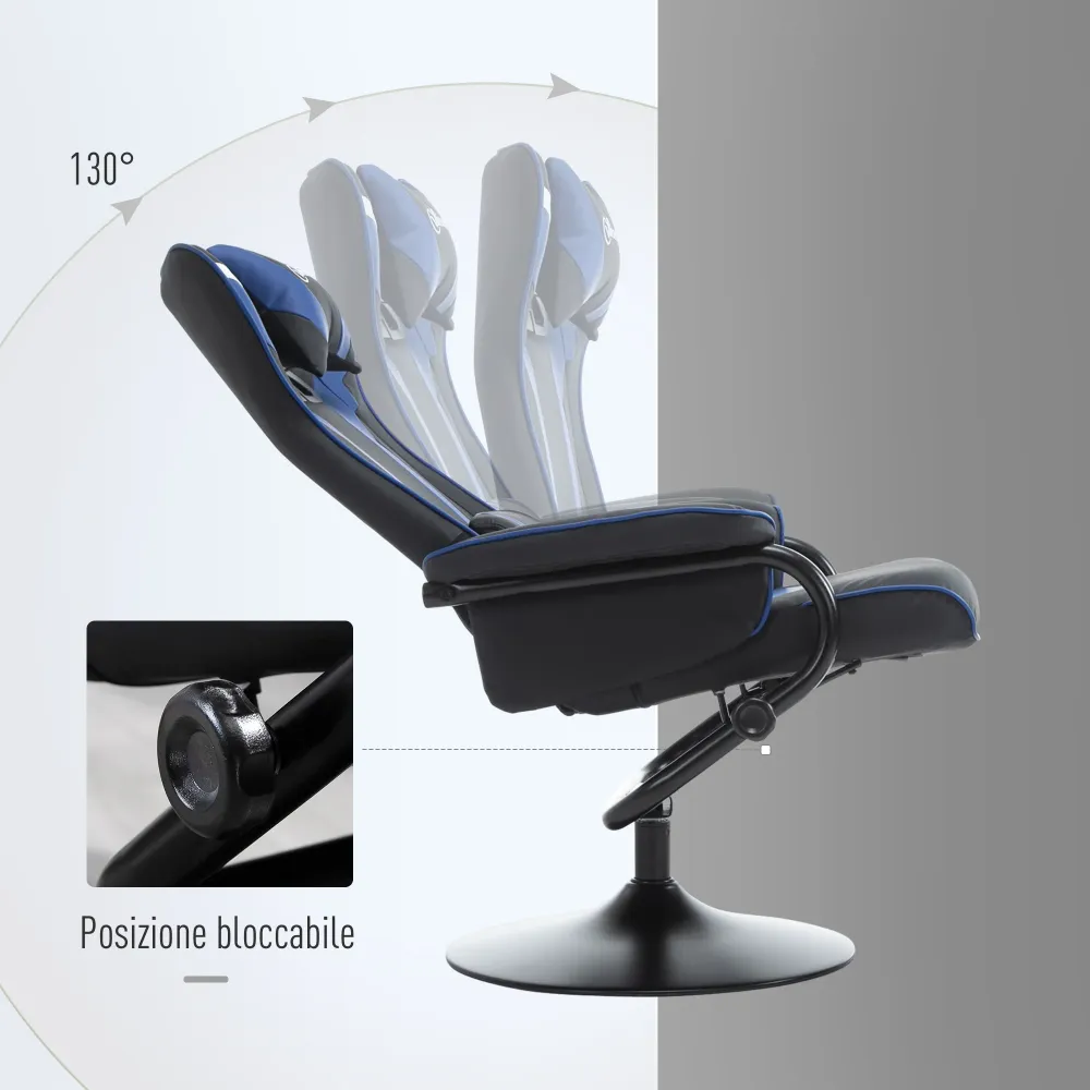 EASYCOMFORT Set 2 Pezzi Poltrona Gaming Reclinabile Inclinabile 130° con Sgabello Poggiapiedi, Nero e Blu Scuro