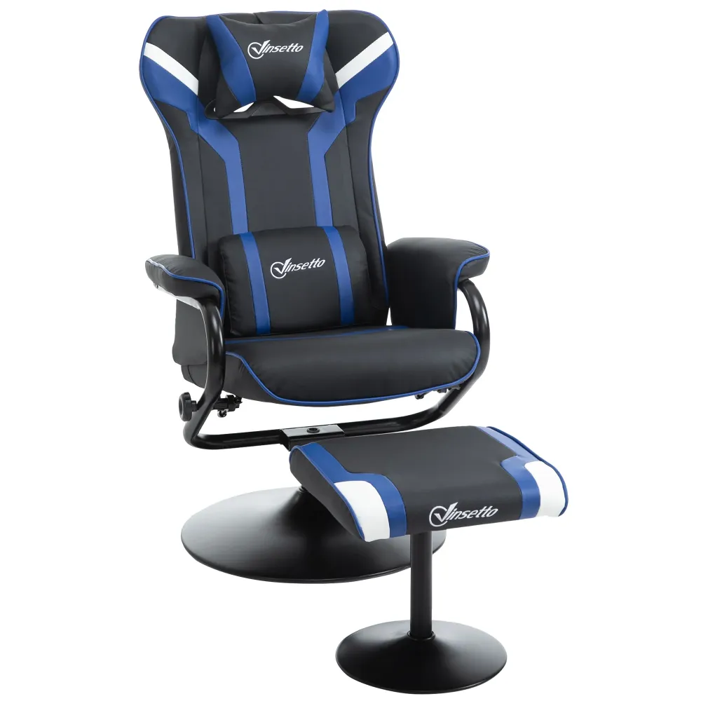 Easycomfort Set 2 Pezzi Poltrona Gaming Reclinabile Inclinabile 130° con Sgabello Poggiapiedi, Nero e Blu Scuro