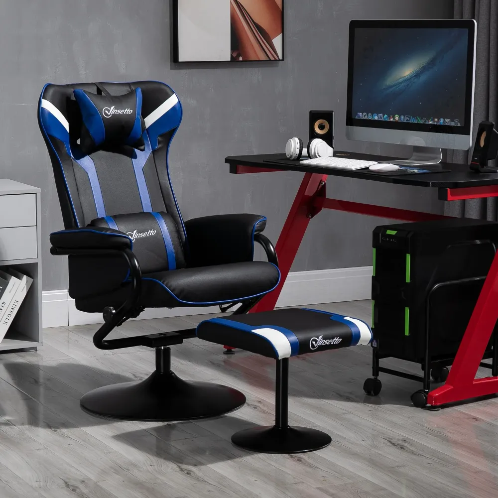 Easycomfort Set 2 Pezzi Poltrona Gaming Reclinabile Inclinabile 130° con Sgabello Poggiapiedi, Nero e Blu Scuro