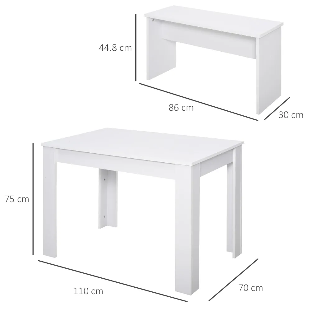 Easycomfort Set 3 Pezzi Tavolo con 2 Panche per Cucina, Bar o Sala da Pranzo Moderna, Legno Bianco, 2 Posti, 110x70x75cm