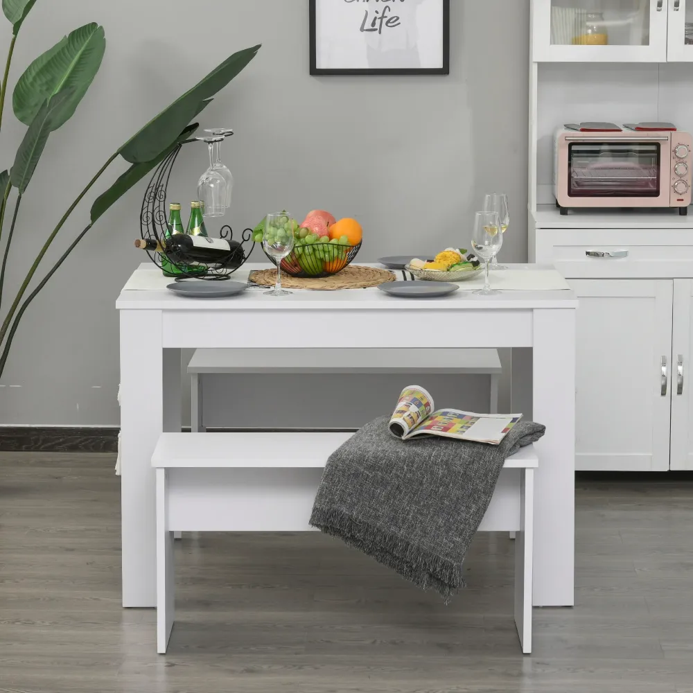 Easycomfort Set 3 Pezzi Tavolo con 2 Panche per Cucina, Bar o Sala da Pranzo Moderna, Legno Bianco, 2 Posti, 110x70x75cm