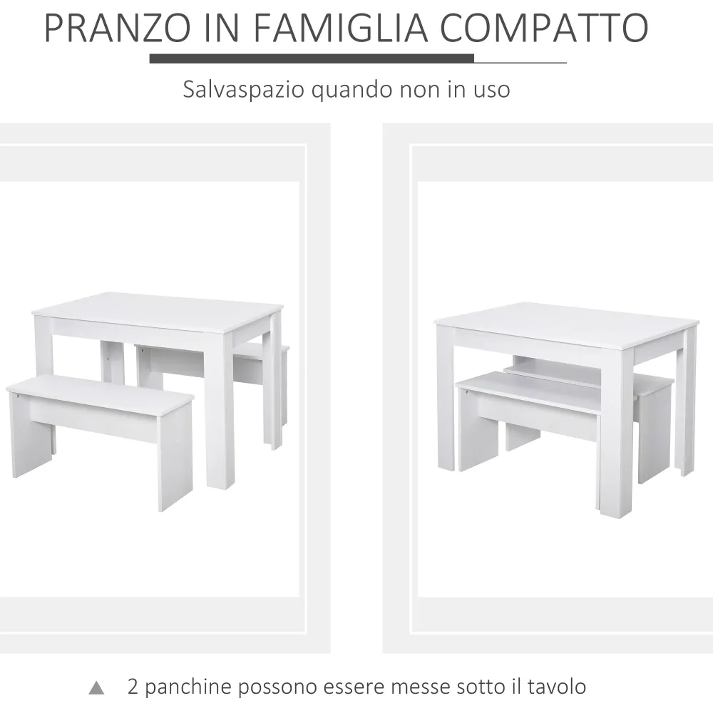 Easycomfort Set 3 Pezzi Tavolo con 2 Panche per Cucina, Bar o Sala da Pranzo Moderna, Legno Bianco, 2 Posti, 110x70x75cm