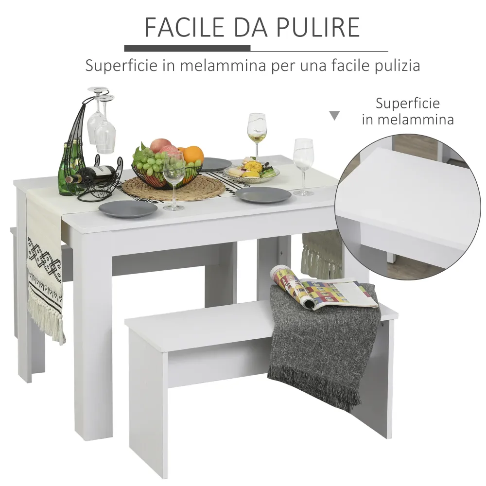 Easycomfort Set 3 Pezzi Tavolo con 2 Panche per Cucina, Bar o Sala da Pranzo Moderna, Legno Bianco, 2 Posti, 110x70x75cm