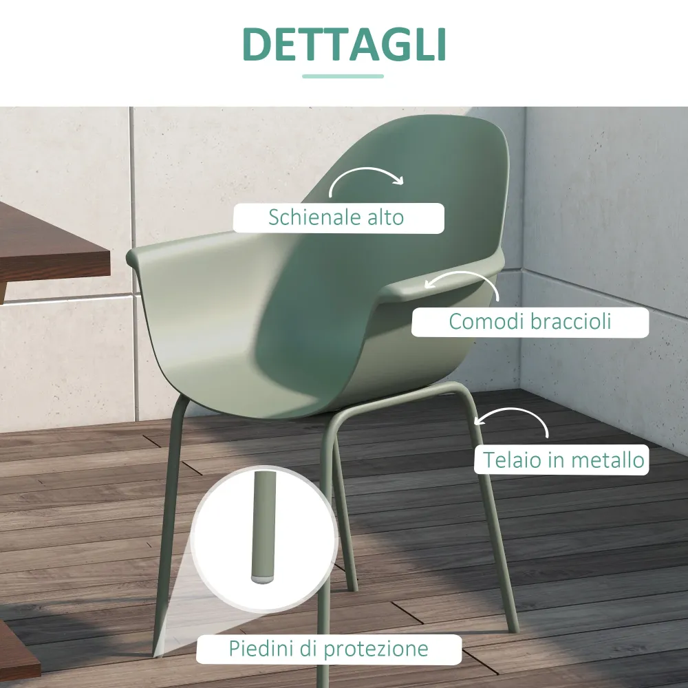 EasyComfort Set 4 Sedie da Giardino con Piedini Antiscivolo, PP e Acciaio, 59x55x84 cm, Verde