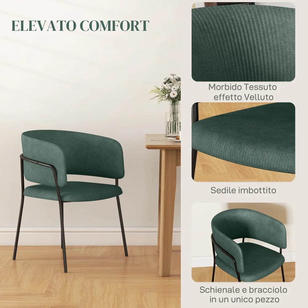 EasyComfort Set 2 Sedie per Cucina Imbottite, Tessuto Effetto Velluto e Acciaio, 57x53x73 cm, Verde