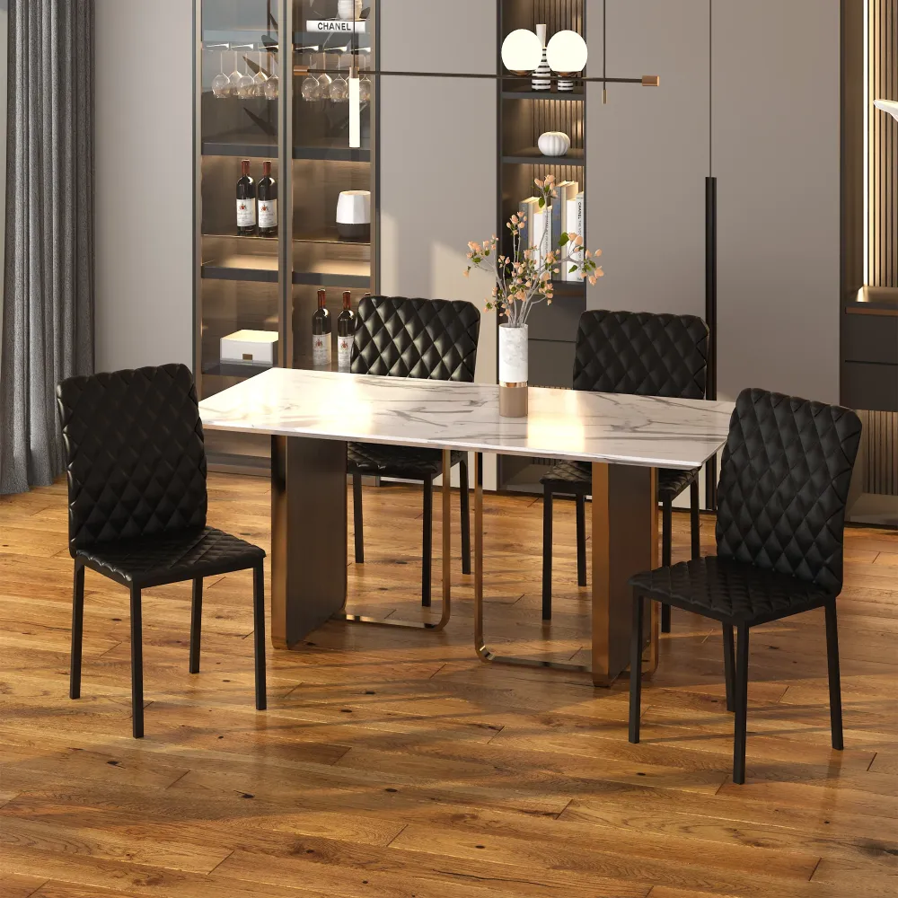 EasyComfort Set 4 Sedie per Cucina e Soggiorno da Pranzo moderno Finta Pelle con Cuciture Rombi e Gambe Metallo, Nero