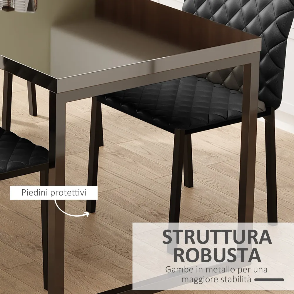 EasyComfort Set 4 Sedie per Cucina e Soggiorno da Pranzo moderno Finta Pelle con Cuciture Rombi e Gambe Metallo, Nero