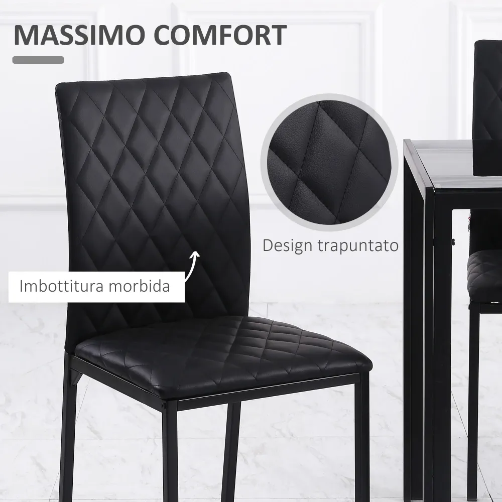 EasyComfort Set 4 Sedie per Cucina e Soggiorno da Pranzo moderno Finta Pelle con Cuciture Rombi e Gambe Metallo, Nero